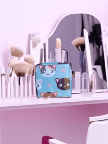 女士小化妝包，時尚可愛貓咪設計方形戶外收納化妝包，化妝品收納盒 - 淺藍色 - 查看 2