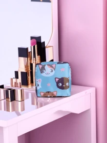 女士小化妝包，時尚可愛貓咪設計方形戶外收納化妝包，化妝品收納盒 - 淺藍色 - 查看 4