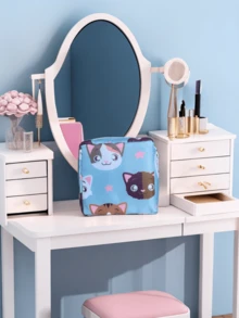 女士小化妝包，時尚可愛貓咪設計方形戶外收納化妝包，化妝品收納盒 - 淺藍色 - 查看 3