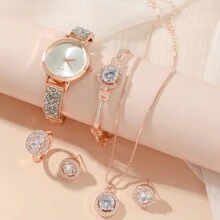 6pcs/Set Women's Fashion Round Crystal Dial Steel Strap Quartz Watch, Bracelet, Necklace, Earrings & Ring Set, Luxury Gift For Festivals