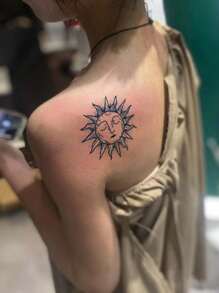 臂部簡約混搭圖案紋身貼紙太陽月亮星球臨時假紋身貼紙字母箭頭草本防水紋身貼紙一次性紋身效果持久7-14天 - 藍色 - 查看 3