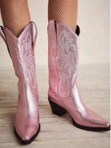 Women's Cowgirl Boots Metallic Fashion Chunky High Heels Mid Calf Platform Western Boots Pull On Vintage Embroidery Ridding Shoes - 粉色 - 查看 2