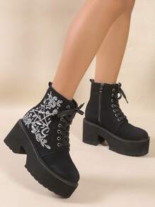哥德式刺繡天鵝絨短靴、黑色厚底厚底靴 - 黑色 - 查看 5