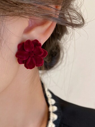MESTILO 1 par de pendientes tipo botón con flor de rosa de terciopelo rojo vintage para mujer, regalo de San Valentín