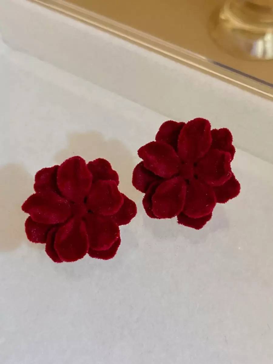 MESTILO 1對復古紅色絨布玫瑰花女士耳釘,情人節禮物 - 紅色 - 查看 1