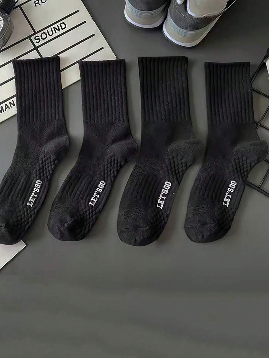 4pairs Black Athletic Knee High Socks With Massage Cushion Sports, For Gym - Black - View 1