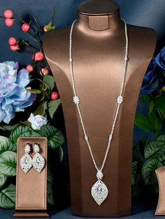 1套優雅的立體鋯石葉子裝飾珠寶套裝,適合女性日常通勤使用
