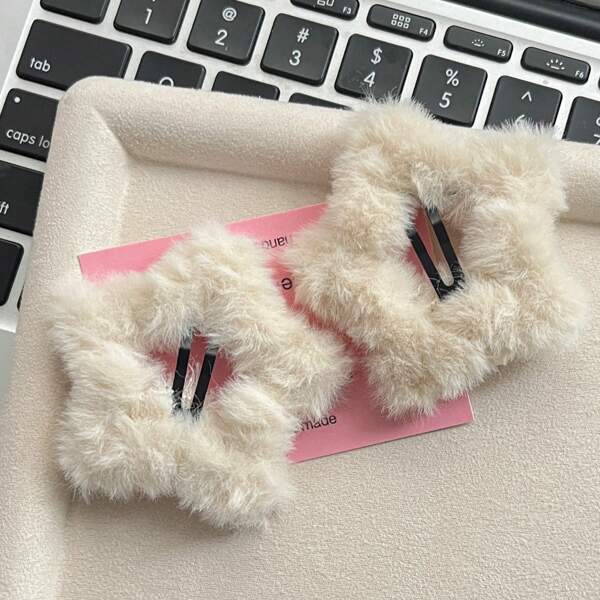 2 Peças Presilhas de Cabelo em Formato de Estrela Felpuda Para Meninas, Estilo Ins, Clipes de Cabelo Fofos com Bordas em Estrela de Pelúcia Para Outono e Inverno, Presilhas de Garra, Grampos de Cabelo