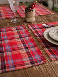 Christmas American Style Checkered Double-Layer Placemats, Bowls Mats, Heat-Insulated Decorative Table Mats