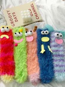 5pairs Funny Cartoon Expression Fuzzy Mid-calf Socks - Multicolor - View 1