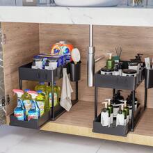 Under Sink Organizer And Storage, Kitchen Organization Rack With Double Sliding Cabinet Drawers, Multi-Purpose Storage Shelf Holder With 4 Hooks For Bathroom, Pantry, Bathroom Accessories, Room Decor