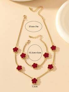 1 Set: 1 Pc Metallic Clover Flower Bracelet And 1 Pc Necklace - Red - View 4