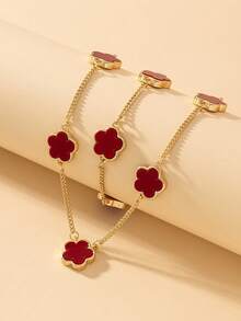 1 Set: 1 Pc Metallic Clover Flower Bracelet And 1 Pc Necklace - Red - View 3