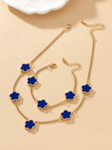 1pc Metallic Sweet Clover Flower Bracelet & 1pc Necklace Set - Royal Blue - View 3