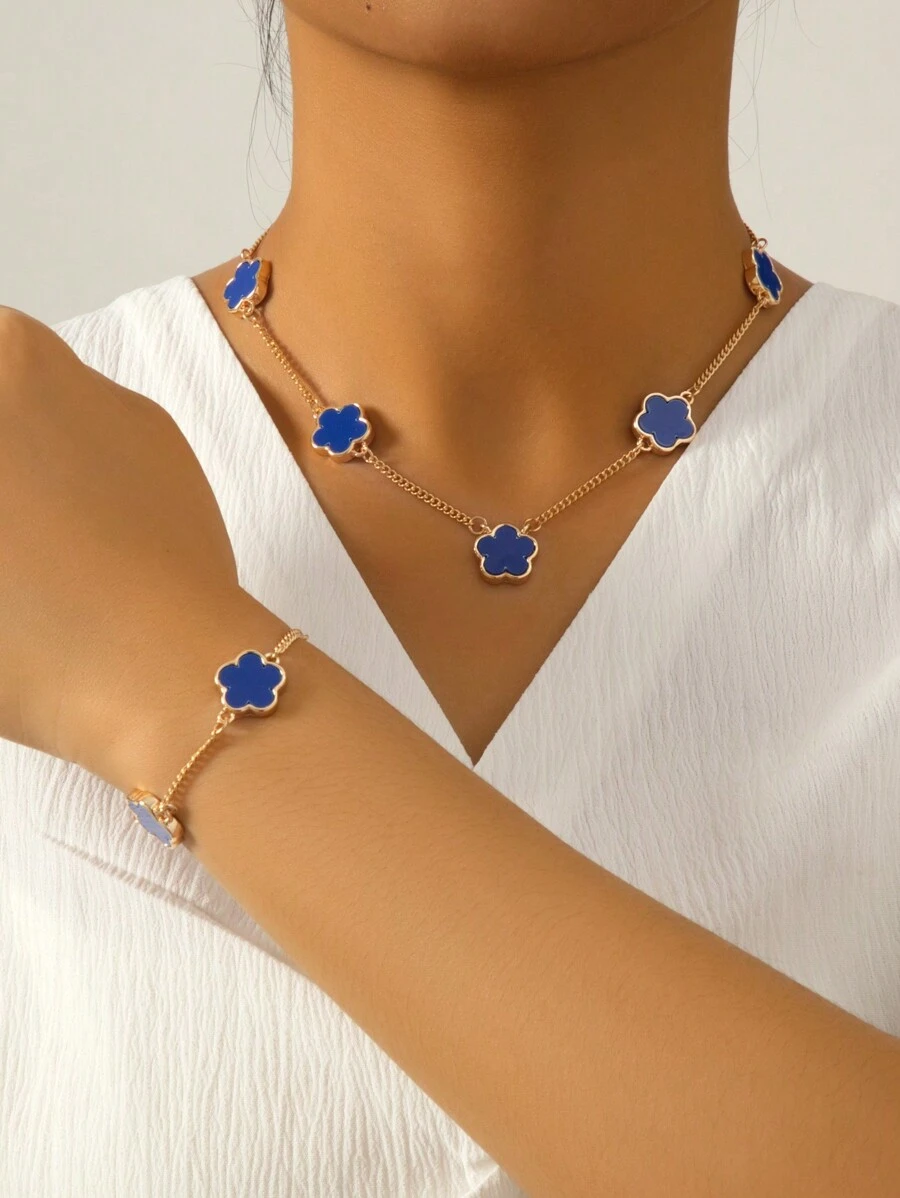 1pc Metallic Sweet Clover Flower Bracelet & 1pc Necklace Set - Royal Blue - View 1