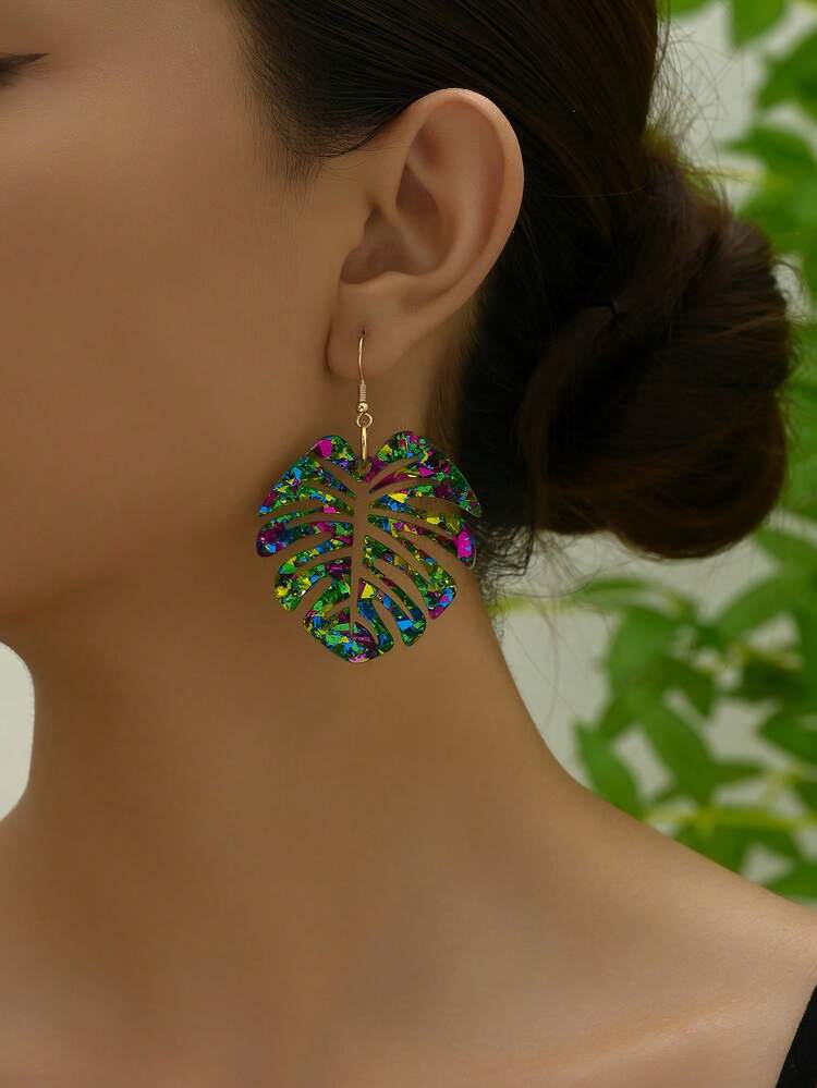 1 Par De Pendientes Colgantes En Forma De Hoja De Colores De Moda Para La Fiesta De La Mujer, Regalo Del Día De Acción De Gracias Y Del Día Del Trabajo - hojas fragmentadas - Ver 4