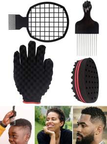 髮海綿套裝,神奇髮絲卷海綿手套,非洲髮海綿理髮師刷子,捲髮梳,理髮師髮型設計必需品 - 黑色 - 查看 1