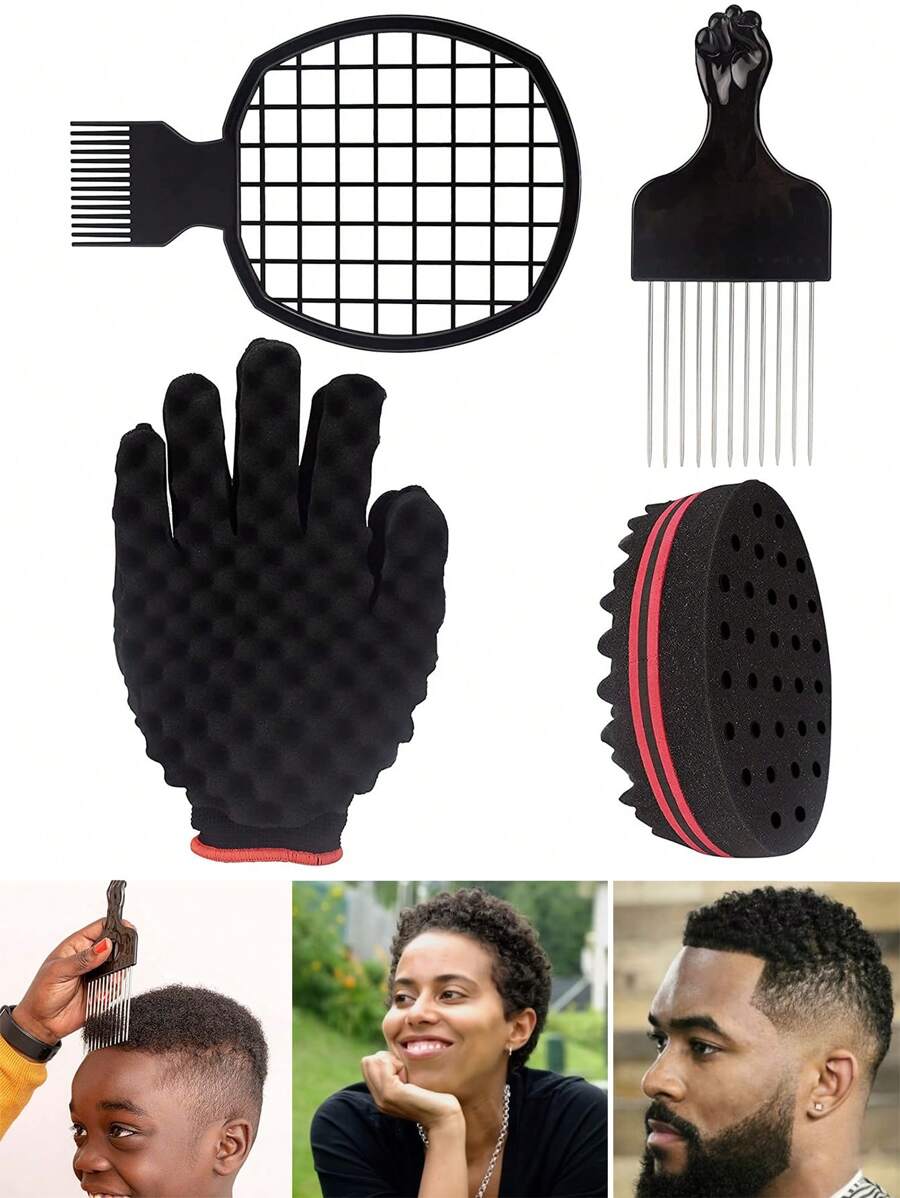 髮海綿套裝,神奇髮絲卷海綿手套,非洲髮海綿理髮師刷子,捲髮梳,理髮師髮型設計必需品 - 黑色 - 查看 1