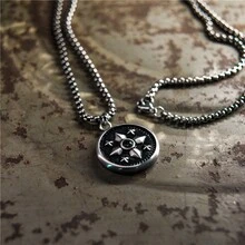 1條時尚不鏽鋼盒鏈項鍊,配以25*25毫米復古圓形指南針設計吊墜,黑色裝飾,適用於女性/男性 - 復古銀色 - 查看 5