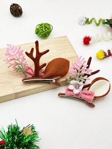 2 件聖誕馴鹿鹿角耳朵、蝴蝶結和花朵髮夾,適合派對裝飾