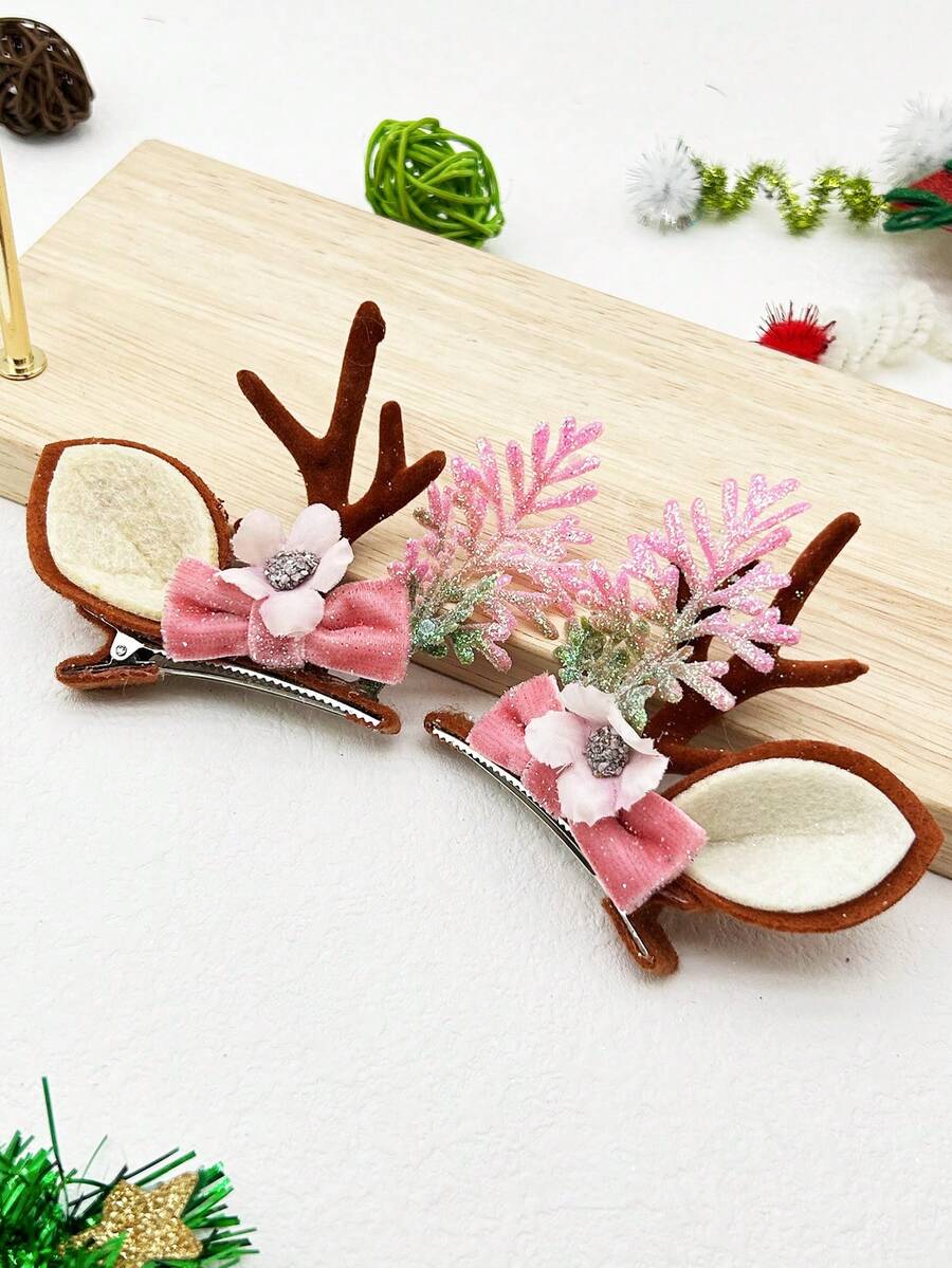 2 件聖誕馴鹿鹿角耳朵、蝴蝶結和花朵髮夾,適合派對裝飾