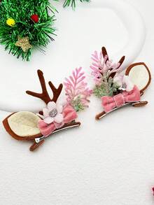 2 件聖誕馴鹿鹿角耳朵、蝴蝶結和花朵髮夾,適合派對裝飾