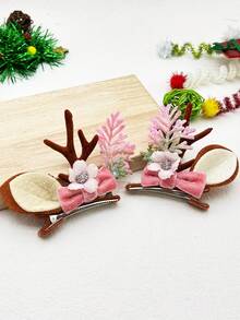 2 件聖誕馴鹿鹿角耳朵、蝴蝶結和花朵髮夾,適合派對裝飾