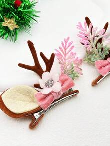 2 件聖誕馴鹿鹿角耳朵、蝴蝶結和花朵髮夾,適合派對裝飾