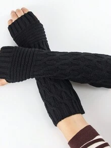 1 双女士黑色扭花针织手套，半指/连指手套和臂套套装，时尚保暖，适合秋冬季节 - 黑色 - 查看 3