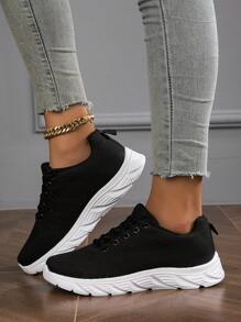2023 年新款透气轻质网眼针织简约风格系带纯色女士运动休闲跑步慢跑步行路鞋适合所有季节 - 黑色 - 查看 5
