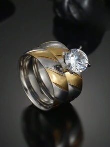 2 件男士经典浪漫戒指，不锈钢情侣水钻戒指结婚戒指