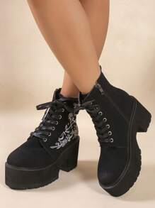 哥德式刺繡天鵝絨短靴、黑色厚底厚底靴 - 黑色 - 查看 4