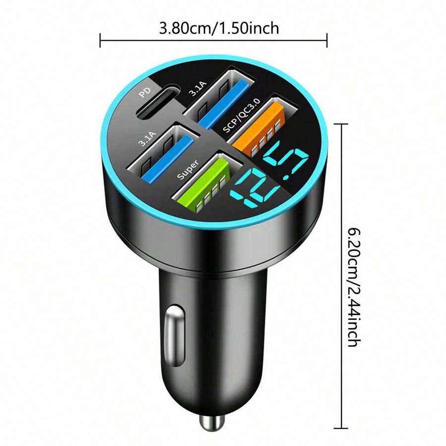 Car Charger 5 Ports USB Super Fast Charging Intelligent Phone Charging Voltage Detection Digital