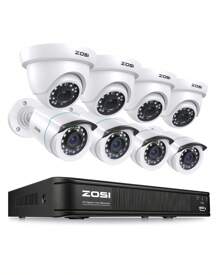 ZOSI H.265+ 8CH 5MP Lite DVR Home Security Cameras System, 8pcs 2MP Wired Outdoor Bullet/Dome Surveillance Cameras, 80ft Night Vision, Motion Detection, Remote Access - Đen và trắng - Xem 1