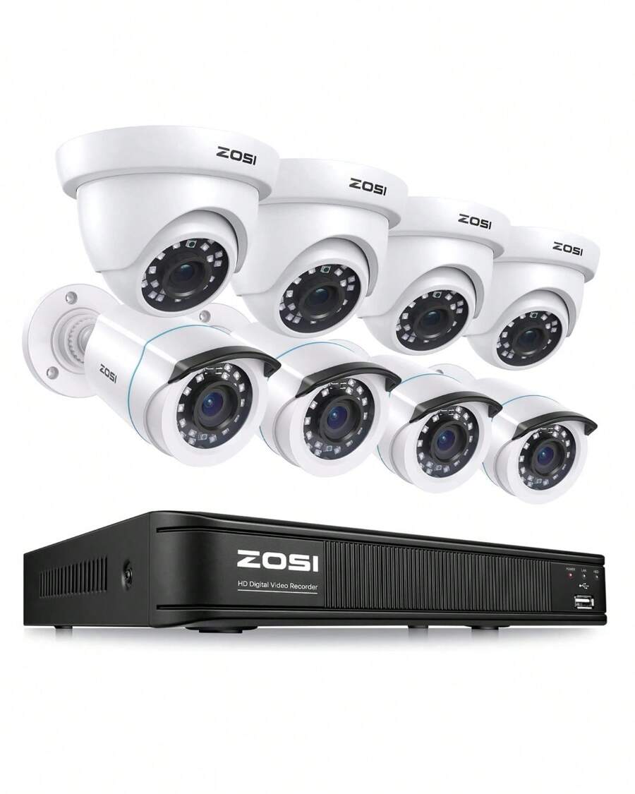 ZOSI H.265+ 8CH 5MP Lite DVR Home Security Cameras System, 8pcs 2MP Wired Outdoor Bullet/Dome Surveillance Cameras, 80ft Night Vision, Motion Detection, Remote Access - Đen và trắng - Xem 1