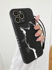 1pc Black Tpu Protective Phone Case With Cartoon Cat Pattern And Side Edge Painting, With Hand Strap, Compatible With IPhone Series 7/8/11/12/13/14/15 Promax Plus X Xr Xs Max Se 2, Series Galaxy A03s, A03core, A04, A12, A13, A14, A21s, A22, A23, A32, A33, A34, A50, A51, A52, A53, A54, A71, A72, A73, S20fe, S21, S21plus, S21ultra, S22, S22plus, S22ultra, Redmi Series Redmi 9, Redmi 9a, Redmi 9c, Redmi 10, Redmi 10a, Redmi 10c, Redmi 12c, Redmi Note 9, Redmi Note 9pro, Redmi Note 9s, Redmi Note 10, Redmi Note 11, Redmi Note 12 - Multicolor - View 2