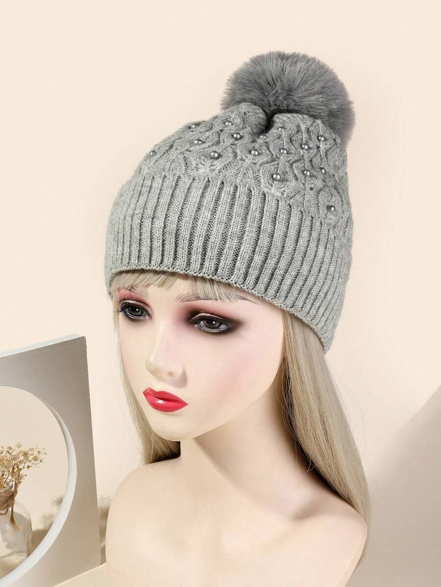 1pc Handmade Gray Pearl Beanie Hat - Grey - View 1