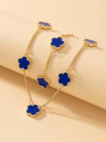 1pc Metallic Sweet Clover Flower Bracelet & 1pc Necklace Set - Royal Blue - View 2