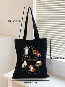 件女式黑色聖誕貓印花帆布手提袋適合購物聖誕老人帽最佳聖誕禮物，送給老師、女士、女朋友和家庭