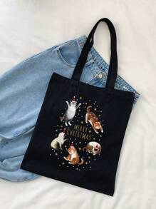 件女式黑色聖誕貓印花帆布手提袋適合購物聖誕老人帽最佳聖誕禮物，送給老師、女士、女朋友和家庭