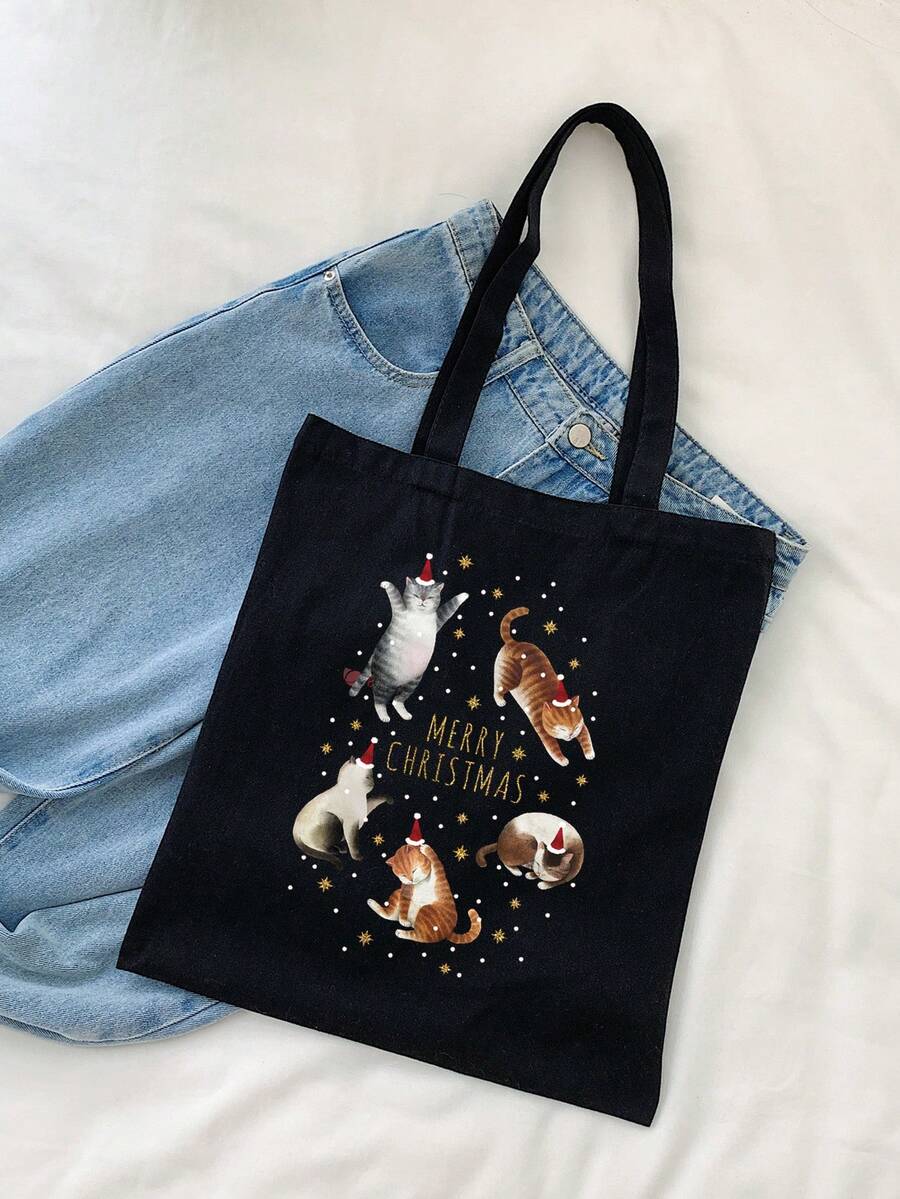件女式黑色聖誕貓印花帆布手提袋適合購物聖誕老人帽最佳聖誕禮物，送給老師、女士、女朋友和家庭