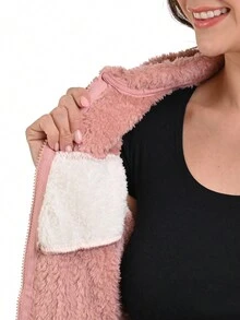 SHEIN Chamarra Suéter de Peluche Violeta para Mujer con franja, capucha y resortes en los puños - Rosa Pálido - Ver 6