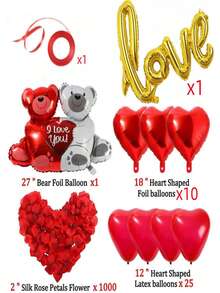 情人節泰迪熊擁抱心形鋁箔氣球套裝,紅心乳膠氣球適合情人節裝飾、求婚、週年紀念派對裝飾、拍照道具(1038 件)
