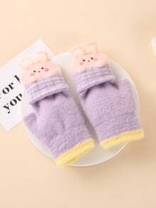 1pair Winter Half Finger Flip Cover Cartoon Rabbit Children Gloves For Boys And Girls - Purple - View 2