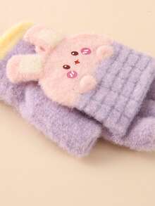 1pair Winter Half Finger Flip Cover Cartoon Rabbit Children Gloves For Boys And Girls - Purple - View 5