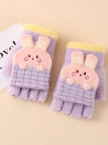 1pair Winter Half Finger Flip Cover Cartoon Rabbit Children Gloves For Boys And Girls - Purple - View 1