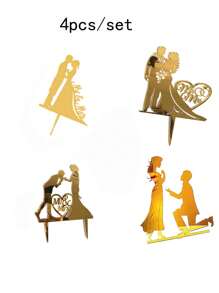 4入組烘焙蛋糕裝飾,愛情、婚禮、求婚用亞克力蛋糕插旗 - 金色 - 查看 3
