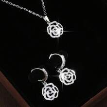 3入組時尚優雅的玫瑰花耳環和項鍊套裝,女士專用 - 白色 - 查看 1