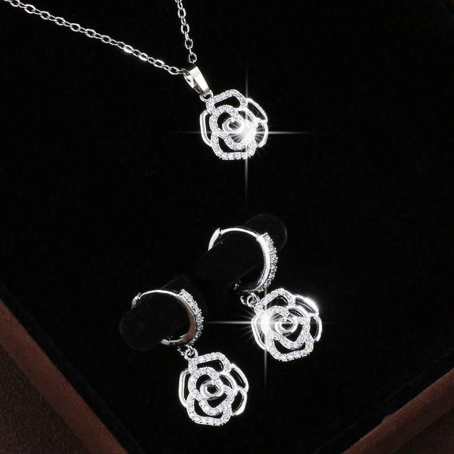 3入組時尚優雅的玫瑰花耳環和項鍊套裝,女士專用 - 白色 - 查看 1