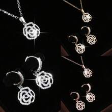 3入組時尚優雅的玫瑰花耳環和項鍊套裝,女士專用 - 白色 - 查看 2